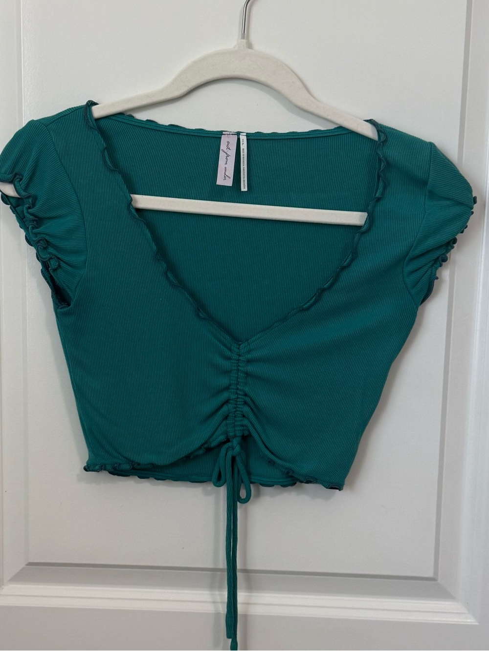 Urban Outfitters Out From Under Teal Ribbed V-Neck Drawstring Crop Top